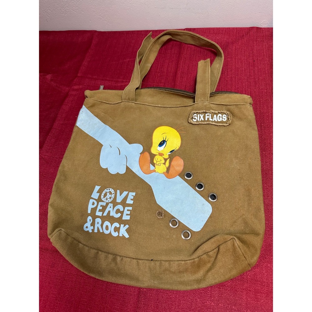 Six Flags Tweety Bird Love Peace Rock Canvas Tote Bag Tan Brown Zippered